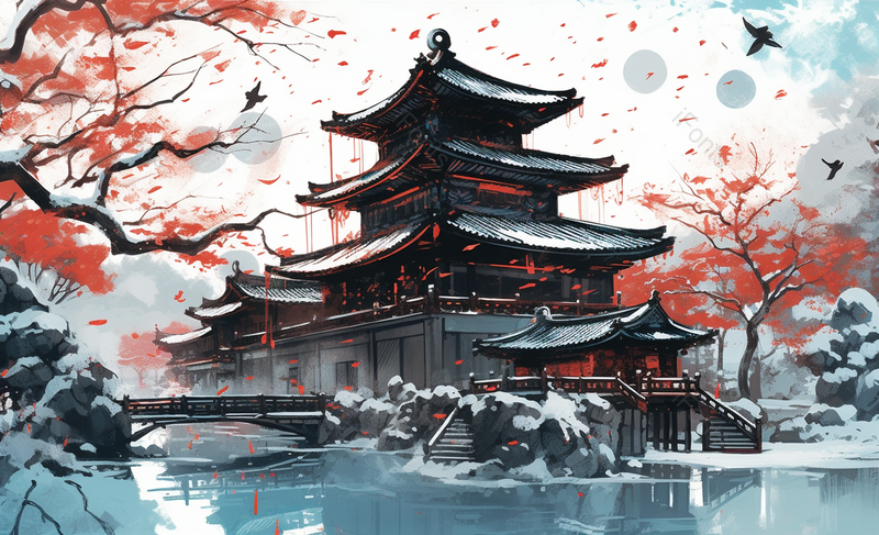 红叶梅花雪地河水小桥塔阁楼楼阁故宫殿堂天坛中国风国潮插画,插画/手绘图,插画/手绘图库,插画/手绘图下载,插画/手绘